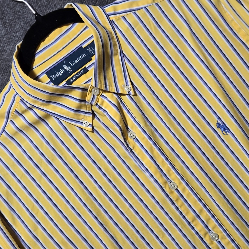 Ralph Lauren Classic Fit Yellow Blue Stripe Sz Large Long Sleeve Button Shirt